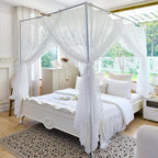AIKASY Elegant Lace Princess 4-Poster Bed Canopy Mosquito Net - Romantic Wedding Bridal Bedroom Decor, Kids Room Bed Curtain for Women Adults - (White1,King)