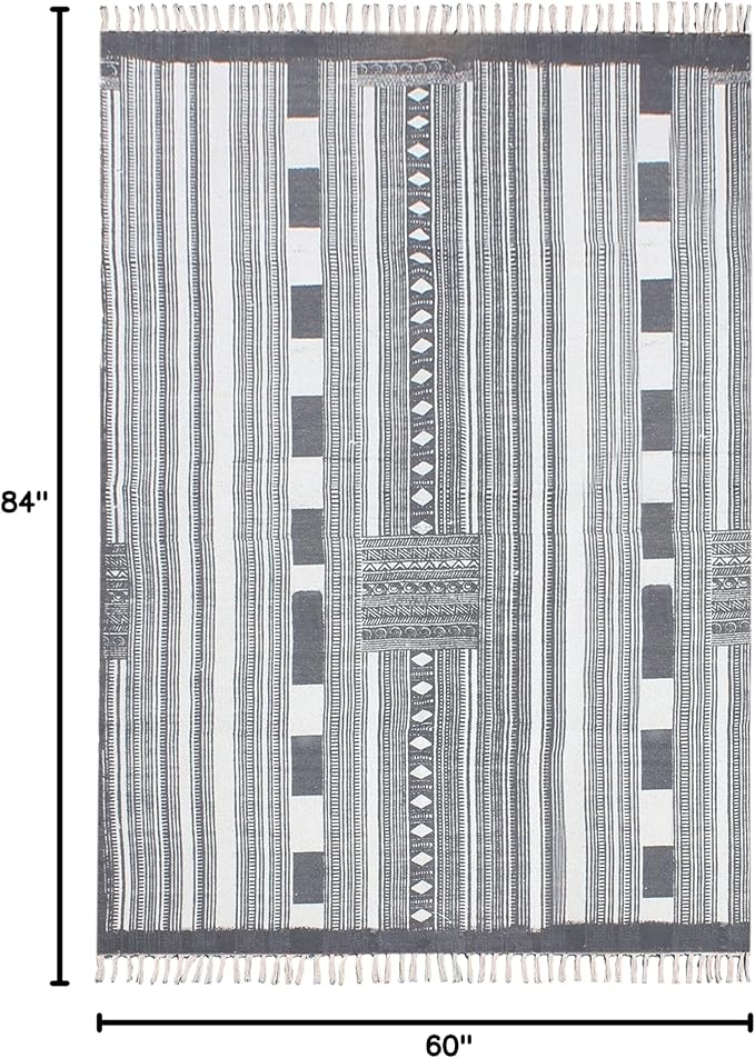 Area Rugs for Living Room 5x7 Kilim Rug Gray & Beige Cotton Dhurrie Striped Thick 0.19 inches Stone Easy Washable Rug Hand Wash Cotton Carpet Flatweave Rug Indoor Outdoor Rugs for Bedroom