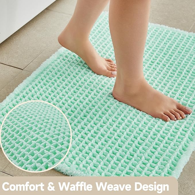 Waffle Bath Mat, Boho Bathroom Rugs Non Slip Washable Super Absorbent Quick Dry Cute Bath Mat Farmhouse Bathroom Decor, 48"x24" Aqua Blue