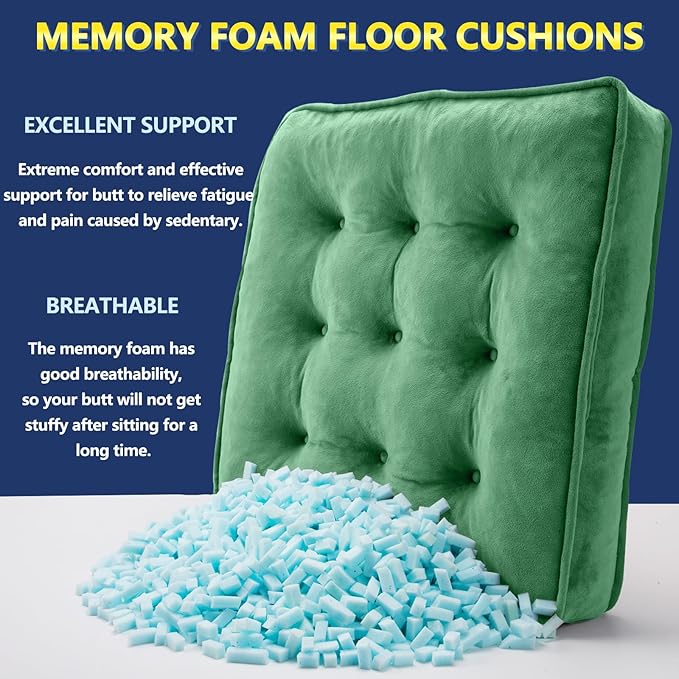 Floor Pillow Set of 4, Memory Foam Meditation Cushion, Floor Cushions for Adults Sitting, Large Square Seat Cushions for Yoga, Living Room, 20x20 Inch (Green)