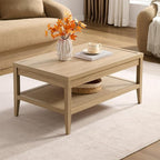 SICOTAS Rattan Coffee Table with Storage, 37.5" Large Rectangular Coffee Table with 2-Tier Shelves, Farmhouse Boho Center Table for Living Room, Office, Small Space