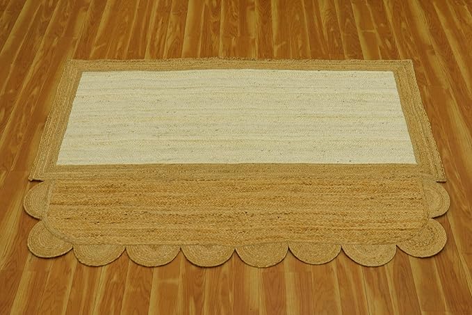Scalloped Jute Rug, Hand Woven Runner Area Rug, 4x12 Ft Beige & Brown Braided Natural Sisal Kilim Rugs for Living Room, Kitchen, Entryway, Farmhouse