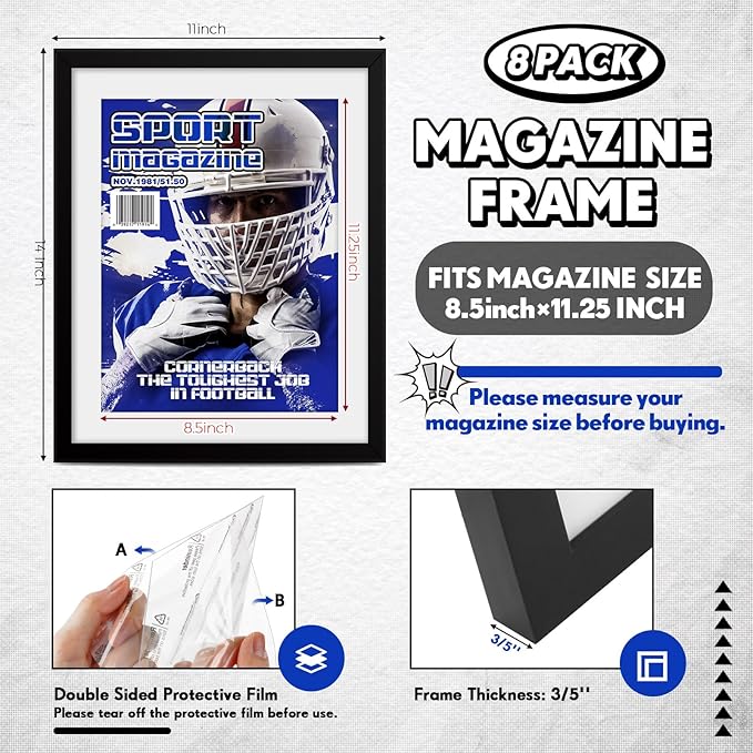 Geetery 8 Pcs Plastic Magazine Frames for Wall Fits 8.5''x11.25'' Magazine Display Frame with Installed Hangers and Core Matting for Home Decoration (Black (White Mat))