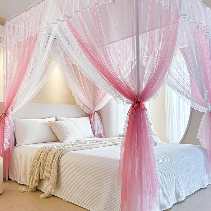 AIKASY 4 Corners Post Ruffle Princess Bed Canopy Curtain - Double Layer Cozy Drape Netting with 4 Openings - Elegant Mosquito Net for Girls and Adults Bedroom Decoration (Pink,Full)