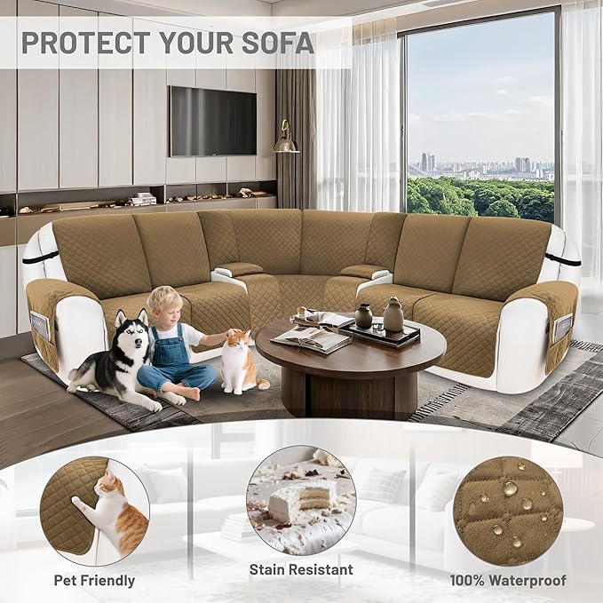 Reclining Sectional Couch Covers 100% Waterproof Velvet L Shape Recliner Sofa Cover for Dogs Pets Washable Anti Slip Recliner Slipcovers with Pockets (5 Seat Sofa with 2 Console, Light Tan)