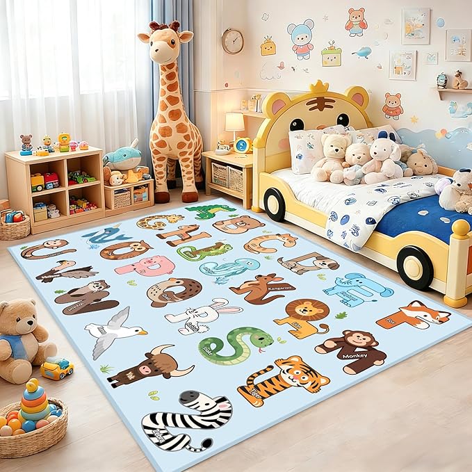 Kids Rugs for Playroom - 2.5x4 Feet ABC Rug for Toddler Children Educational Learning Animal, Alphabet Rug Kids Play Mat Nursery Bedroom Kindergarten Decor, Blue