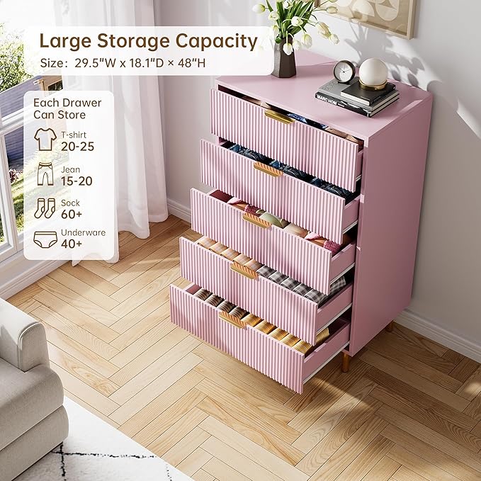 GarveeHome 5 Drawer Dresser for Bedroom, Modern Pink Dresser with Gold Handle and Large Drawer, Wood Double Chest of Drawers and Storage Organizer for Living Room, Hallway, Entryway