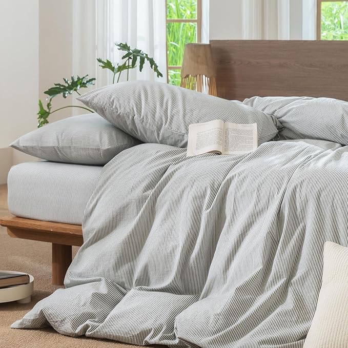 MooMee Striped Duvet Cover Set 100% Washed Cotton Linen Like Textured Breathable Durable Soft Comfy (Heathered Green Pinstripes, Palatial King/Oversized King 120"x98")