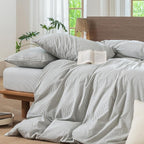 MooMee Striped Duvet Cover Set 100% Washed Cotton Linen Like Textured Breathable Durable Soft Comfy (Heathered Green Pinstripes, Super King 108"x98")