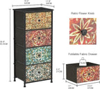GiftGo Retro Dresser with Fabric Drawers Boho Mandala Flower Chest of Drawers Narrow Storage Tower for Small Spaces Gaps Bedroom Beautiful Nightstand Living Room Table (Mandala, 4 Drawers)
