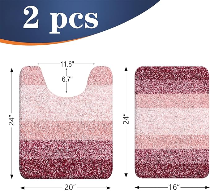 OLANLY Bathroom Rug Set 2 Piece, Soft Absorbent Microfiber Bath Mats and U-Shaped Contour Toilet Rug, Non-Slip, Machine Wash Dry, Plush Shaggy Bath Mats for Bathroom (24"x16"+24"x20", Red)