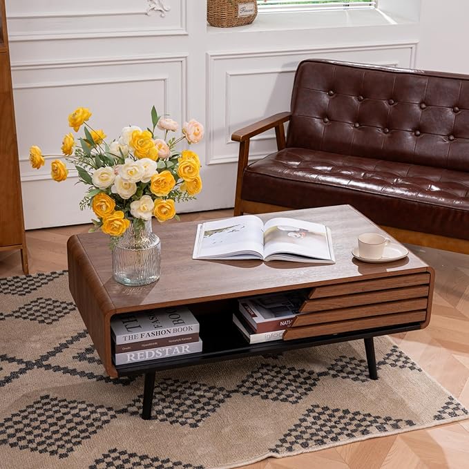 Coffee Table, 40" Modern Coffee Table with Storage and Sliding Door for Living Room, Black and Walnut