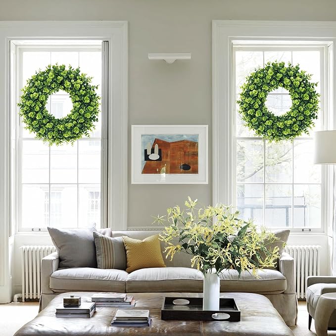 20Inch Boxwood Wreaths, Spring Summer Wreath for Front Door Perfect for Winter All Season Year Round Decor, Faux Boxwood Wreaths Ideal for Front Door Indoor Outdoor Windows Farmhouse