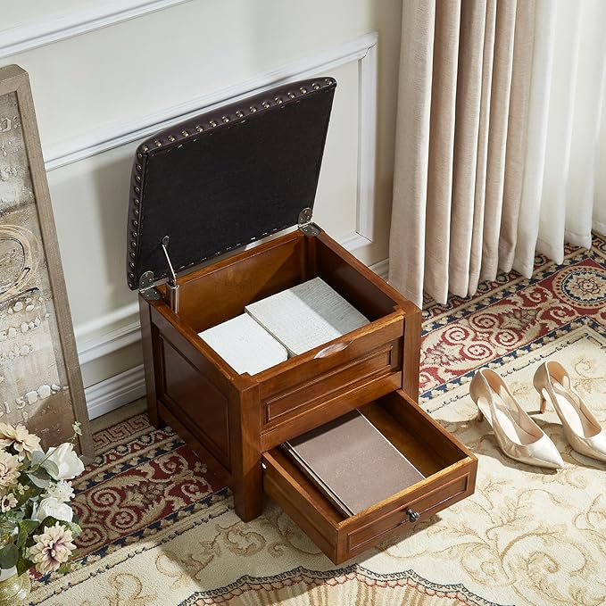 Storage Ottoman with Drawer, Shoe Bench Use Microfiber Leather Cushion Top with Wooden Base for Hallway, Bedroom, Living Room