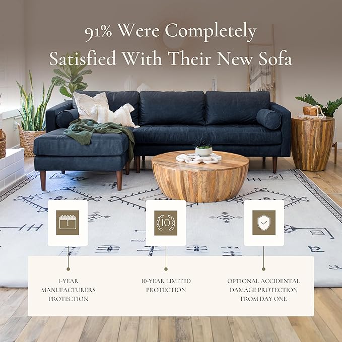Poly & BARK Napa 104.5" Left-Facing Sectional Sofa – Midnight Blue Full-Grain Pure-Aniline Italian Leather, Feather-Down Cushions, Kiln-Dried Solid Wood Frame, Walnut Legs