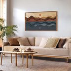 CHDITB Framed Canvas Wall Art for Bedroom, Sun and Moon Long Horizontal Wall Decor, Mid Century Modern Painting, Vintage Abstract Wave Line Poster, Mountain Sea Artwork for Living Room Office 40”X20”