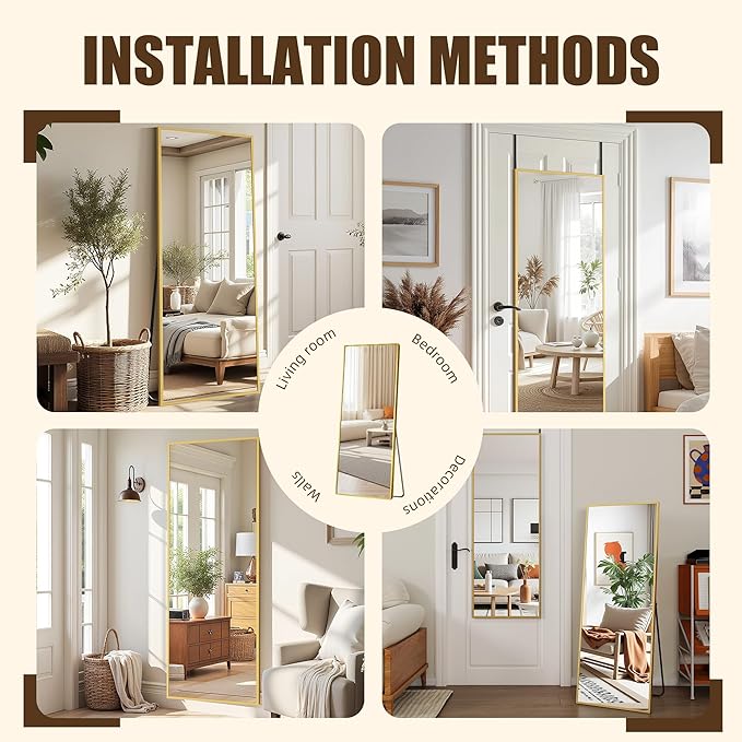 Antok Over The Door Mirror Full Length, 49'' x 14''Wall Mounted Hanging Mirror, Aluminum Alloy Frame, Shatterproof Glass, No Drill Installation for Bedroom, Closet, Bathroom, Dorm, Rect Corner, Gold