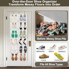 Over The Door Shoe Organizer with 24 Crystal Clear Pockets and Metal Hooks – Heavy Duty Hanging Shoe Storage Rack for Closet, Bathroom, Dorm – Space Saving for Shoes, Accessories, Toys (White)