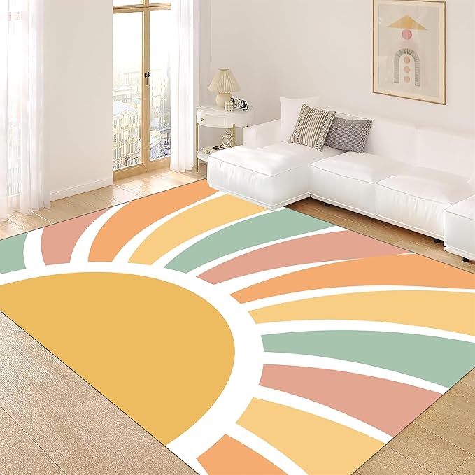 Machine Washable Rainbow Rugs Bedroom Fluffy Plush Soft Area Rugs Rainbow Sunshine Sun Print Living Room Non-Slip Indoor Flooring Kids Girls Boys Home Decor Aesthetics 2x5ft