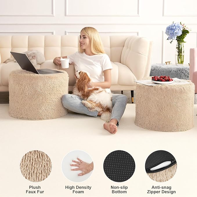 Hansleep Round Pouf Ottoman Foot Rest, 20 x 15 Small Faux Fur Stuffed Pouf for Chair, Foam Filled Foot Stools Ottomans for Living Room, Brown