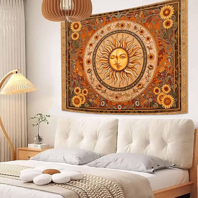 Accnicc Vintage Sun and Moon Tapestry Boho Yellow Orange Indie Wall Tapestry for Bedroom Aesthetic Sunflower Small Hippie Fall Tapestries Wall Hanging for Living Room Dorm 60 x 44 Inch
