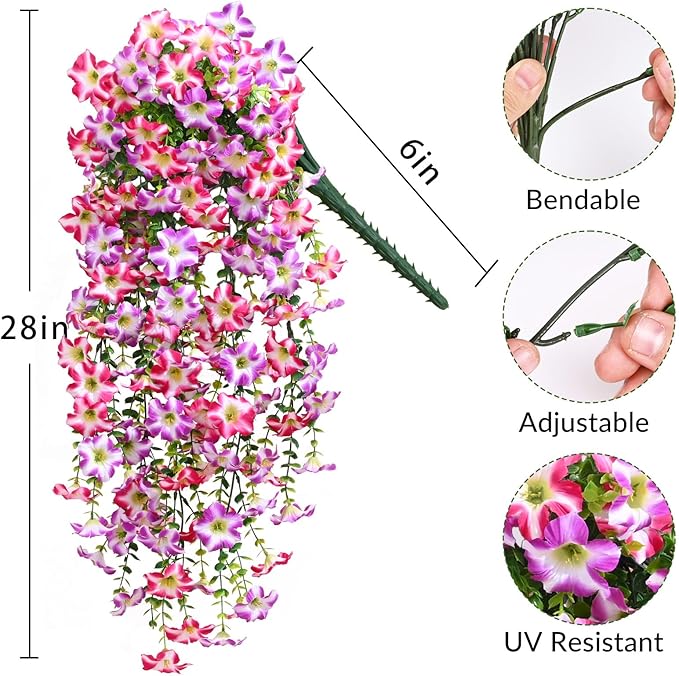 Waipfaru Artificial Petunias Flowers for Outdoors, 4 Pcs UV Resistant Fake Hanging Plants Spring Outside Decor, Faux Silk Flowers Long Trailing Vines for Outdoor Planters Porch Garden (Purple Fuchsia)