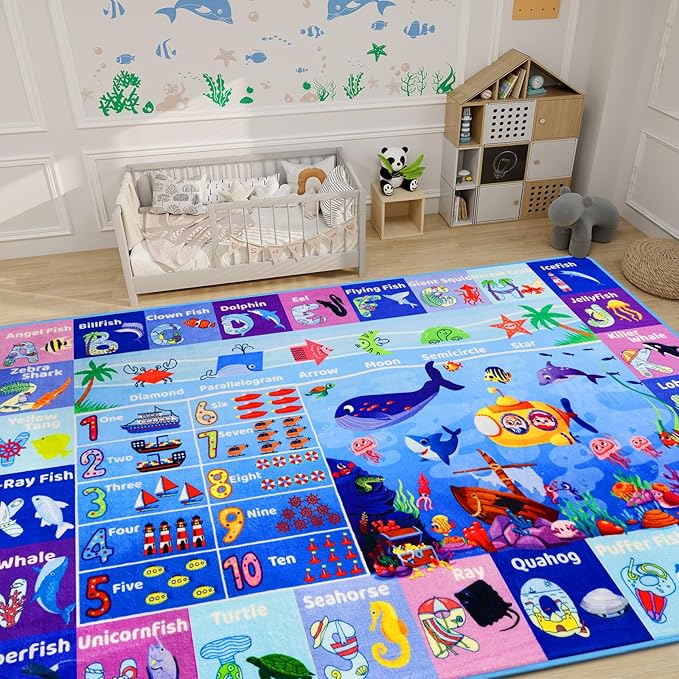 ABC Kids Rug for Playroom 59"×39.4" Ocean Rug Baby Play Mat Alphabet Mat Sea Animal Number Shape Classroom Kids Playroom Carpet Early Learning Carpet for Preschool Toddlers