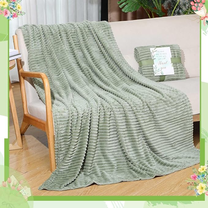 Buryeah 24 Pcs Wedding Flannel Fleece Throw Blanket Bulk with Thank You Card and Ribbon, 50 x 60 in Oeko-TEX Standard 100 Certified Blankets Outdoor Wedding, Guest Party Souvenirs (Sage Green)