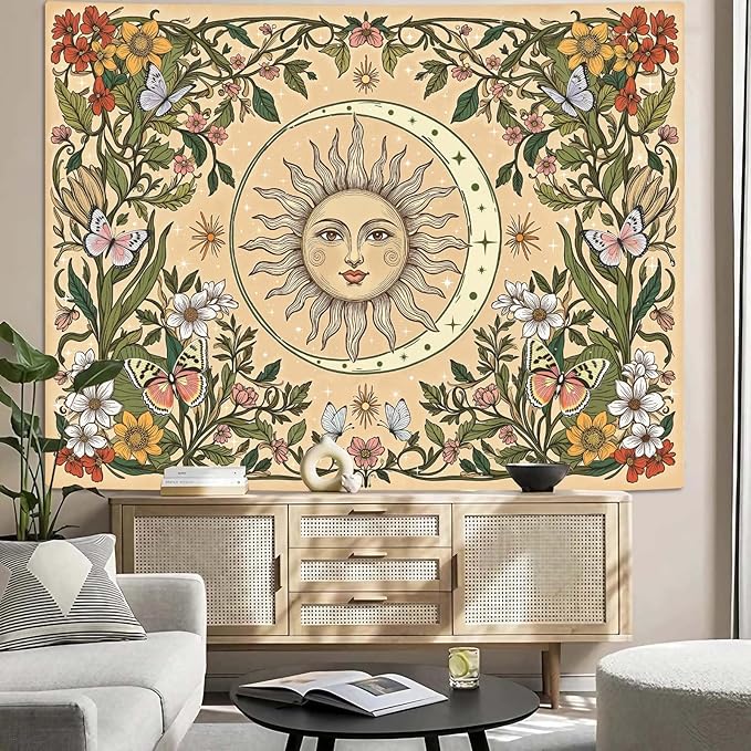 Accnicc Boho Sun and Moon Tapestry Vintage Floral Wall Tapestry for Bedroom Aesthetic Beige Celestial Plant Flower Butterfly Small Tapestries Wall Hanging for Living Room Dorm 60 x 44 Inch
