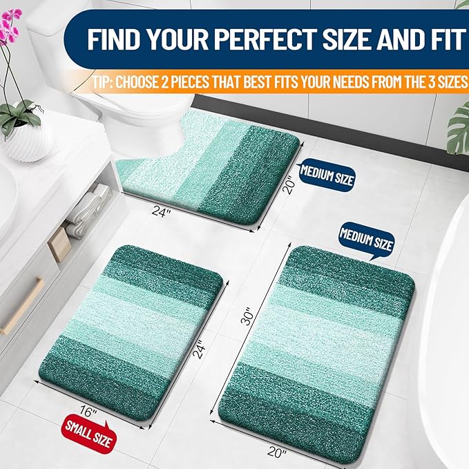OLANLY Bathroom Rug Set 2 Piece, Soft Absorbent Microfiber Bath Mats and U-Shaped Contour Toilet Rug, Non-Slip, Machine Wash Dry, Plush Shaggy Bath Mats for Bathroom (30"x20"+24"x20", Blackish Green)