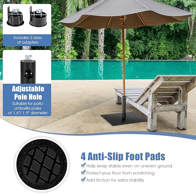 Tangkula 42 LBS Patio Umbrella Base, 25 Inches Heavy Duty Square Market Umbrella Base Stand W/4 Non-Slip Pads, 1.6”/1.9” Adapters, Tightening Knob, Outdoor Umbrella Stand for Patio, Poolside
