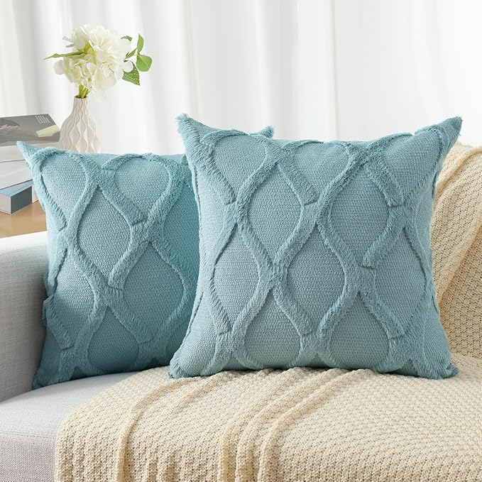 decorUhome Spring Euro Sham Throw Pillow Covers 22x22 Inch Set of 2, Soft Plush Faux Fur Wool Aqua Couch Pillow Covers, Decorative Neutral Pillow Cases for Bed Sofa Living Room Home Decor