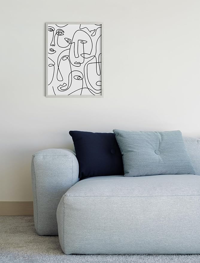 Abstract Face Pattern Wall Art Collage of Modern Faces Continuous Line Drawing 12x16 Inch Oak Wood White Framed Artistic Aesthetic Print for Living Room