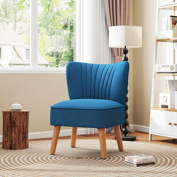 KOMFOTT Velvet Accent Chair, Modern Armless Sofa Chair with Solid Rubber Wood Legs, Wingback Leisure Chair with Thick Cushion, Upholstered Side Chair for Living Room, Bedroom, Blue