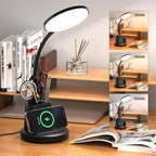 Desk Lamp with Wireless Charger, LED Desk Lamp for Home Office with Pen Holder, Dimmable Eye-Caring Study Desk Light Flexible Arm 3 Color Modes for College Dorm, 800 Lumens CRI 90