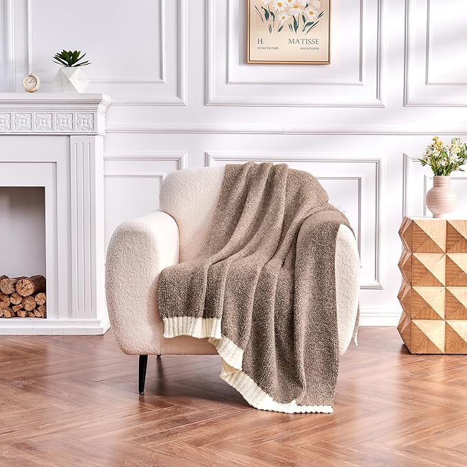 CozeCube Super Soft Fullfy Microfiber Reversible Knitted Blankets, Warm Cozy Fuzzy Plush Throw, Dark Brown and White Melange Throw Blanket for Couch Bed Sofa, 50" x 60"