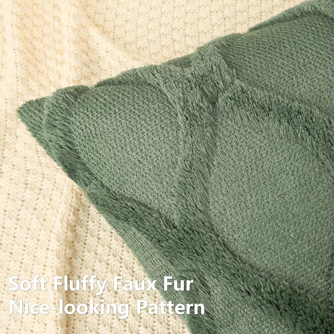 decorUhome Spring Throw Pillow Covers 16x16 Inch Set of 2, Soft Plush Faux Fur Wool Olive Green Couch Pillow Covers, Decorative Neutral Pillow Cases for Bed Sofa Living Room Home Decor
