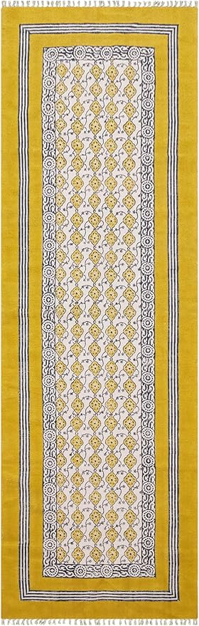 Flatweave Runner 2.6x8 Kilim Runner Floral Design Hand Block Printed Cotton Rug Yellow Beige Handmade Boho Dhurrie Thick 0.19" Indoor Outdoor Rugs for Hallway Enterway Kitchen | Holiday Season Decor