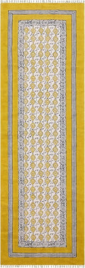 Flatweave Runner 2.6x8 Kilim Runner Floral Design Hand Block Printed Cotton Rug Yellow Beige Handmade Boho Dhurrie Thick 0.19" Indoor Outdoor Rugs for Hallway Enterway Kitchen | Holiday Season Decor