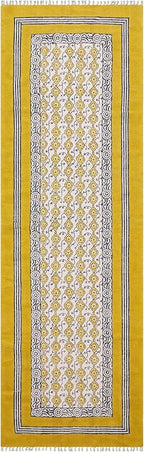 Flatweave Runner 2.6x8 Kilim Runner Floral Design Hand Block Printed Cotton Rug Yellow Beige Handmade Boho Dhurrie Thick 0.19" Indoor Outdoor Rugs for Hallway Enterway Kitchen | Holiday Season Decor