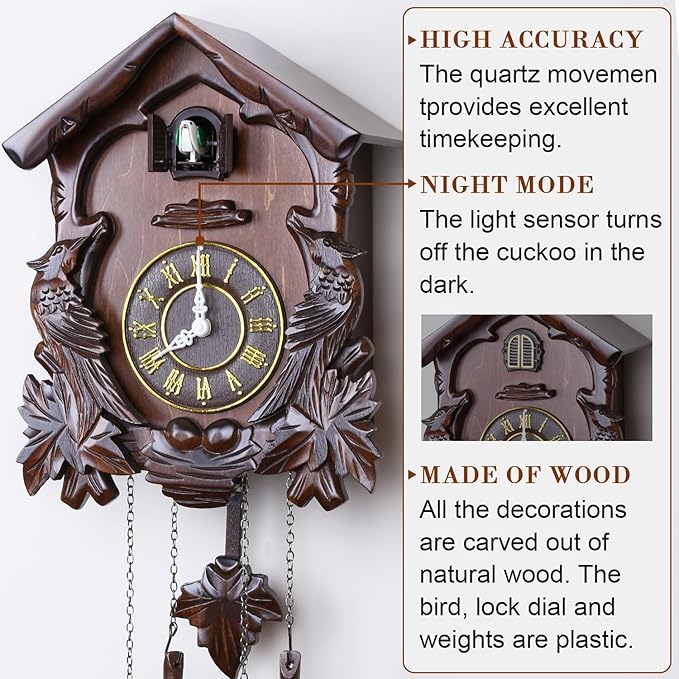 Kendal Cuckoo Clock Large Vintage Wall Clock Handcrafted Wood Cuckoo Clock House Home Decor with Singing Bird & Birds Live in Tree Houses Decoration MX222