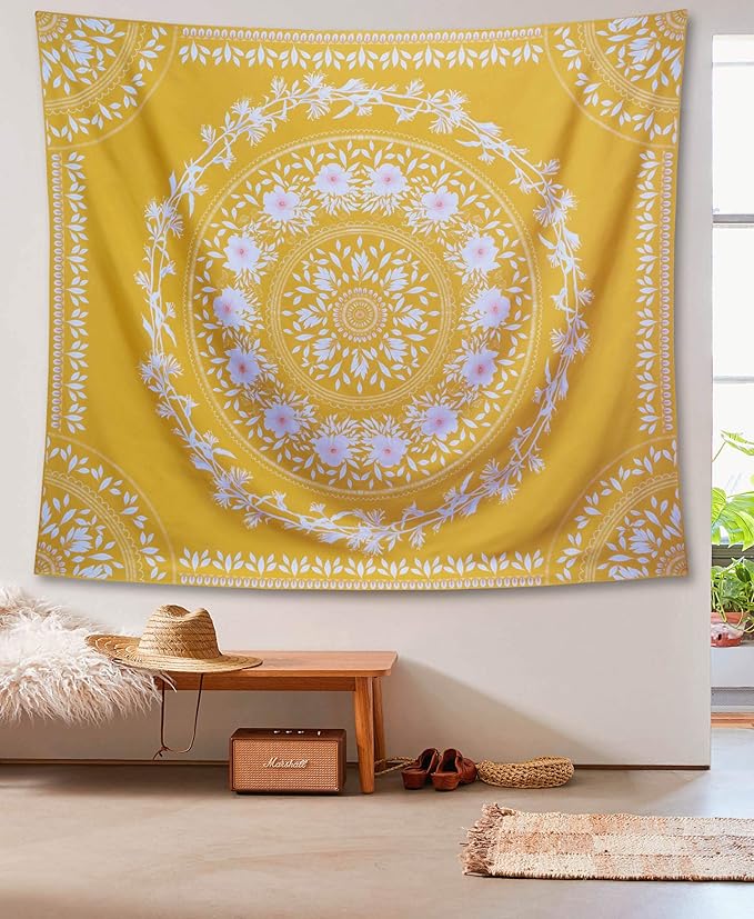 Lifeel Yellow Bohemian Tapestry Wall Hanging, Mandala Floral Medallion Hippie Tapestry with White Aesthetic Wreath Design, Gold Wall Decor Blanket for Bedroom Home Dorm,Small 50×60 inches