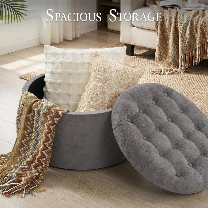 ONBRILL 25" Ottoman with Storage, Round Pouf Ottoman Foot Rest, Small Storage Foot Stool for Couch Bedroom Living Room, Books, Blankets & Kid's Toy Box, Load up to 220 lbs, Grey