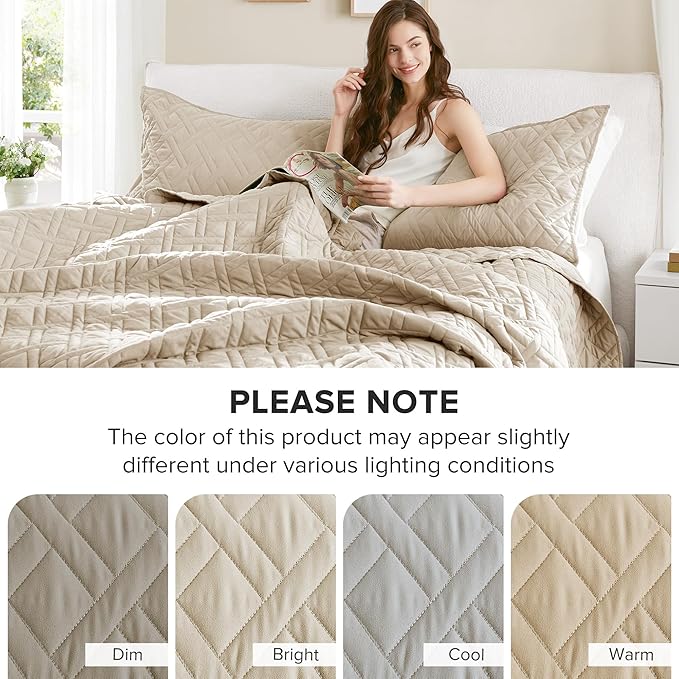 Comfort Spaces Queen Quilt Set Modern Reversible Diamond Coverlet Queen Bedding Set Cozy Quilted Winter Layer, All Season Lightweight Soft Queen Size Quilt, Kienna, Full/Queen Beige Diamond 3 Piece
