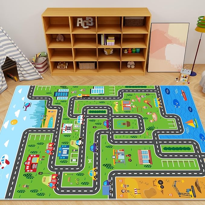 Kids Car Playmat, Kids Rug for Playroom Car Mat Town City Road Traffic Rugs, Play Mat for Floor, Extra Large Boys Kid Car Track Play Rug (Style ONE, 59X 39.4 INCH)