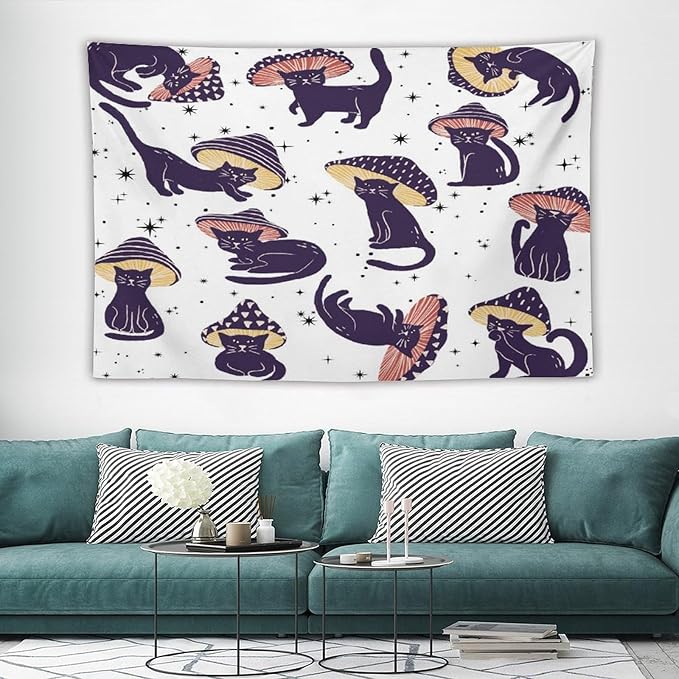 VUMIVI Funny Cat Mushroom Tapestry Retro 70s Hippie Style Cute Black Kitten Star Aesthetic Art Print Tapestry Wall Hanging for Living Room Bedroom Dorm Classroom Aesthetic Decor W90xL60in