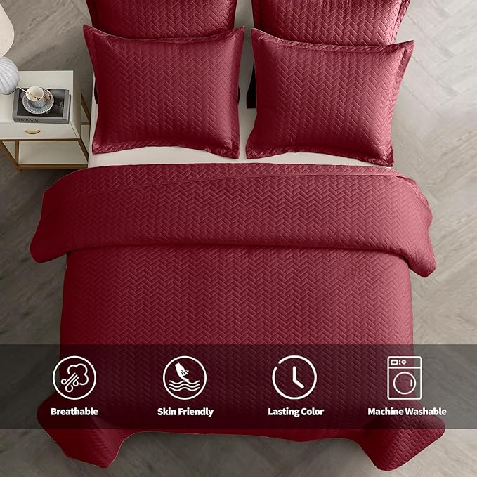 Maple&Stone Quilt Set Twin Size, Burgundy Lightweight Bedspread Ultrasonic Chevron Pattern Light Coverlet for All Season Comforter Bedding Decor - 2 Piece Twin Bed Cover Sets