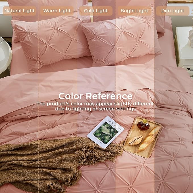 Sasttie California King Comforter Set, 7-Piece Bed in a Bag Cal King, Pintuck Bedding Set for All Season, Includes Comforter, Flat Sheet, Fitted Sheet, Pillowcases and Pillowshams, Blush