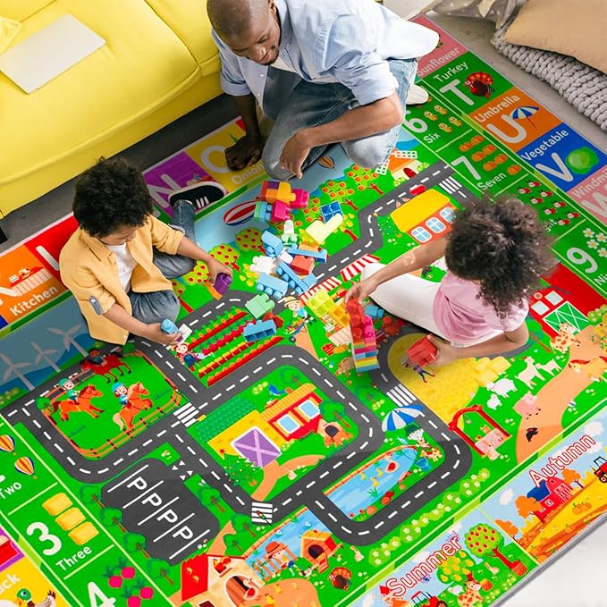 Kids Rugs for Toy Cars Playroom 59"×39.4" ABC Farm Life Road Traffic Kids Car Road Rugs Village Map Play Mat for Toddlers Boys Room Family Tummy Time Playtime Learning Carpet