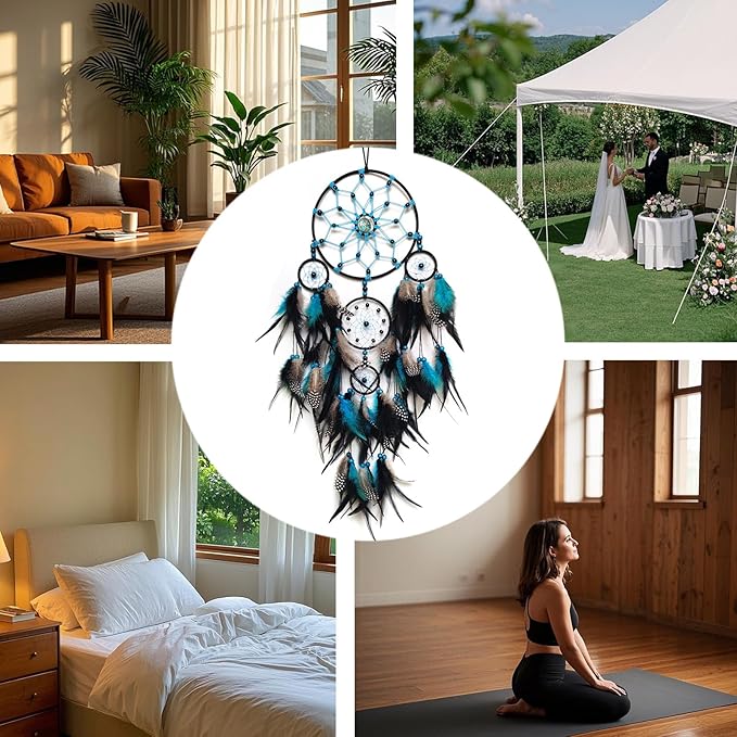 Large Dream Catcher Wall Decor Blue and Black Dream Catchers with Tree of Life Pendant Bead Handmade Feather Dreamcatcher Wall Hanging Ornament for Bedroom Living Room Home Decor
